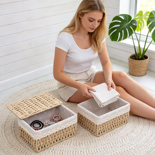 🌿 Home Essential | Natural Woven Cotton Organizer | Rustic Bedroom Storage Solution