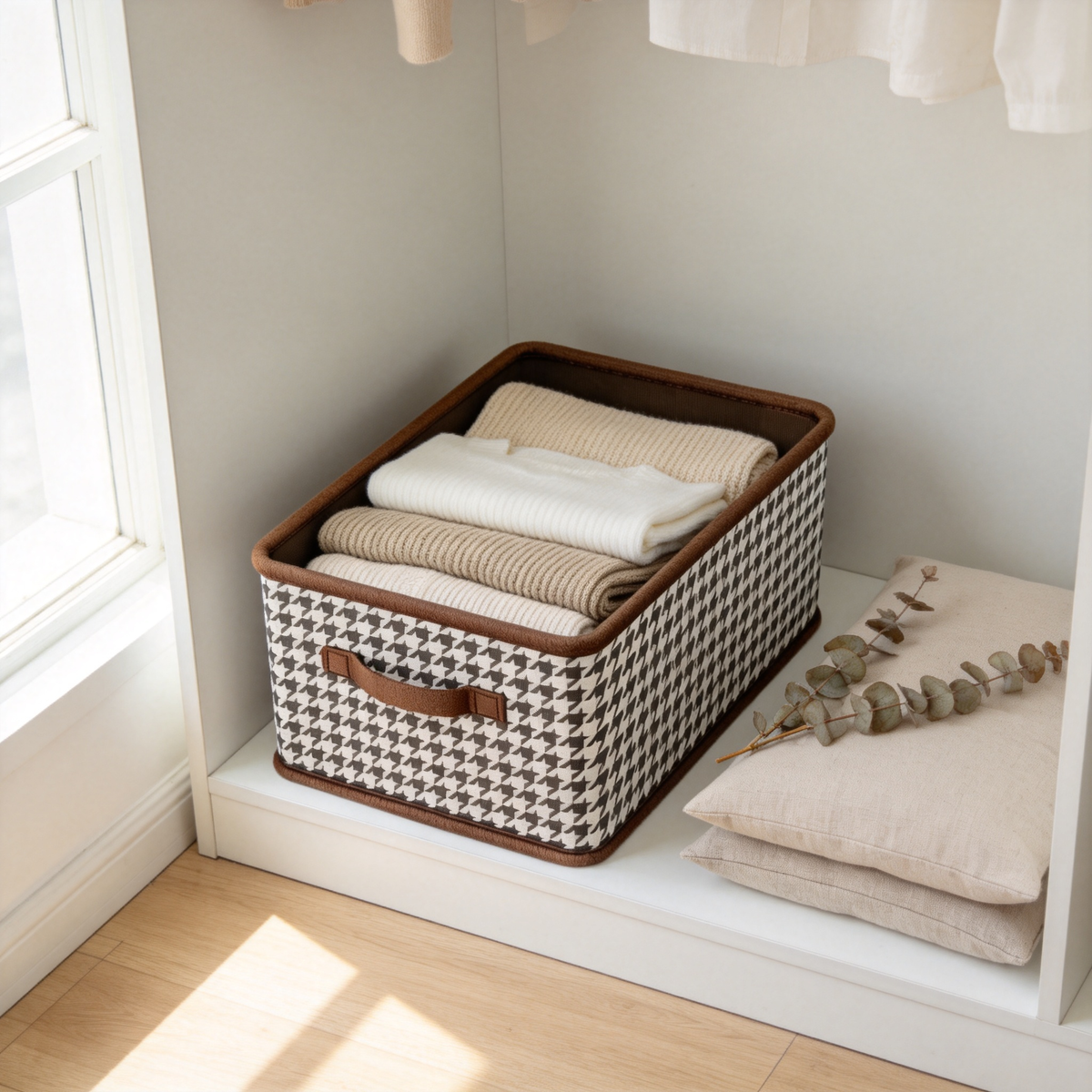 ✨ Storage Essential | Classic Houndstooth Fabric Organizer | Elegant Closet Space Saver