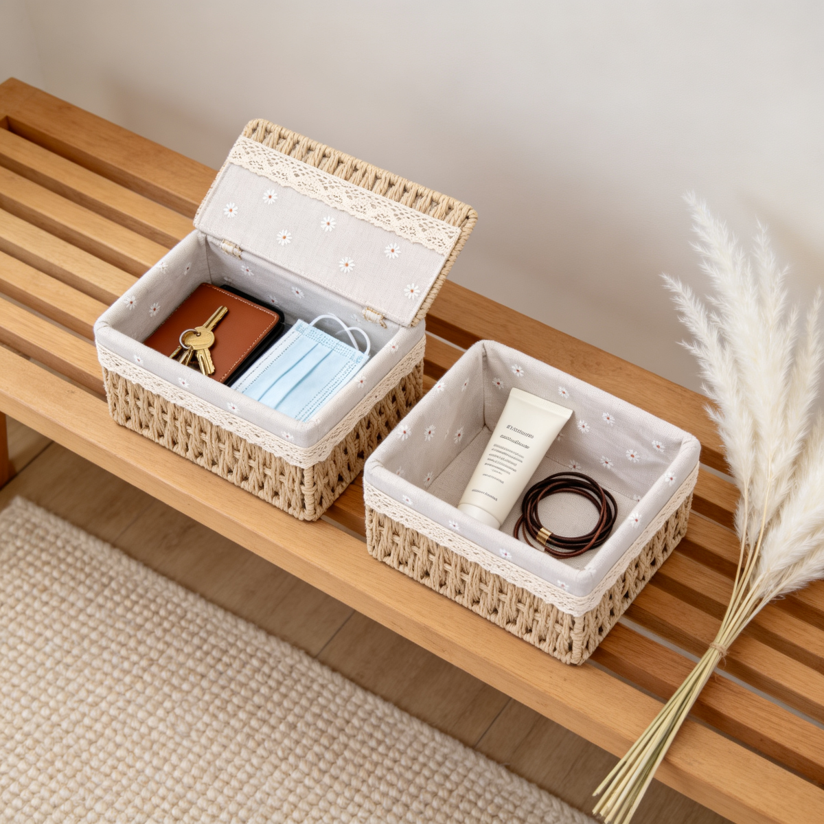 🌿 Home Essential | Natural Woven Cotton Organizer | Rustic Bedroom Storage Solution