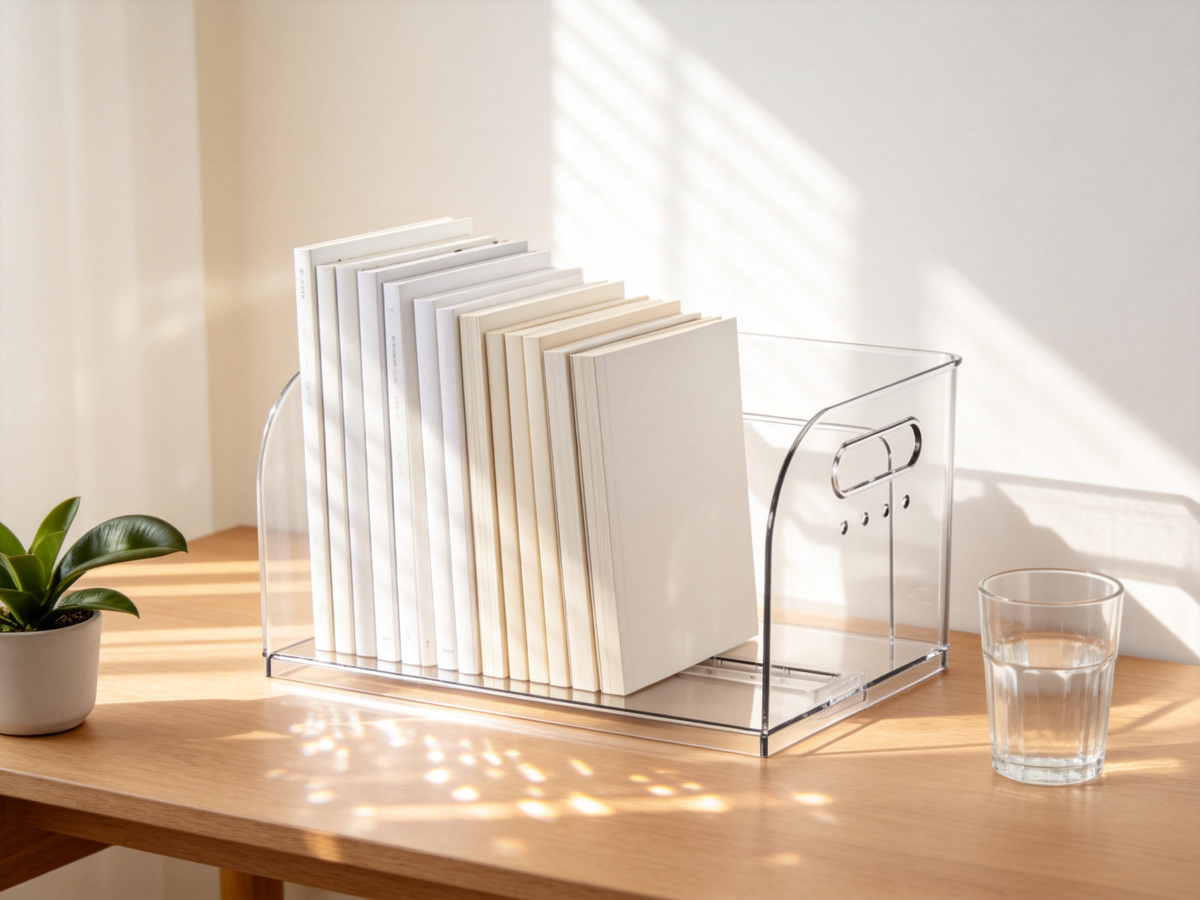 📚 Home Essential | Clear Acrylic Book Organizer | Modern Desktop Space Saver