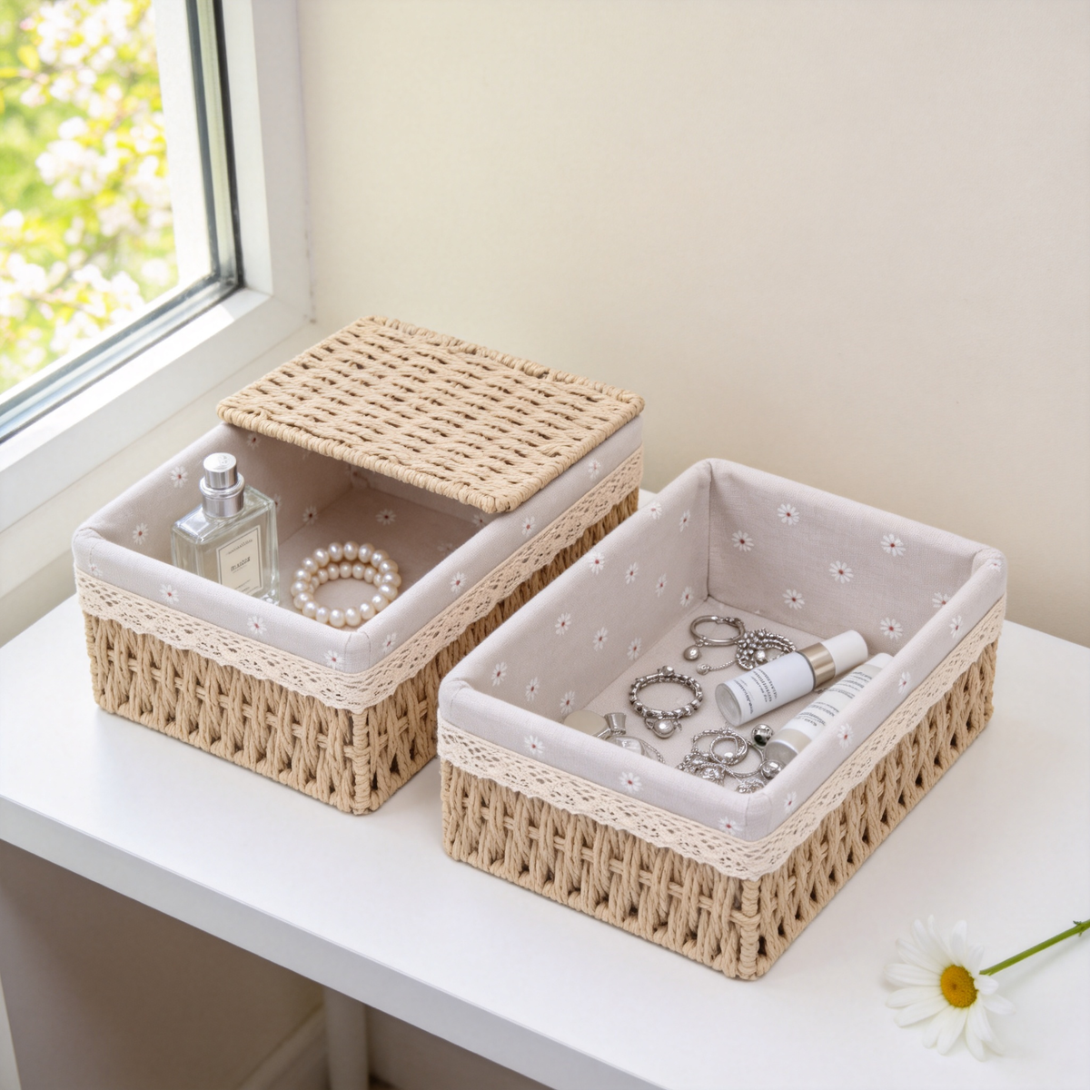 🌿 Home Essential | Natural Woven Cotton Organizer | Rustic Bedroom Storage Solution