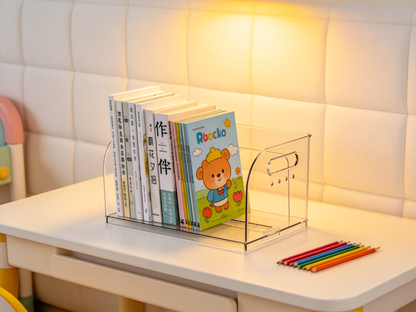 📚 Home Essential | Clear Acrylic Book Organizer | Modern Desktop Space Saver